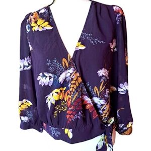 Madewell large purple floral true wrap blouse side tie long sleeve career